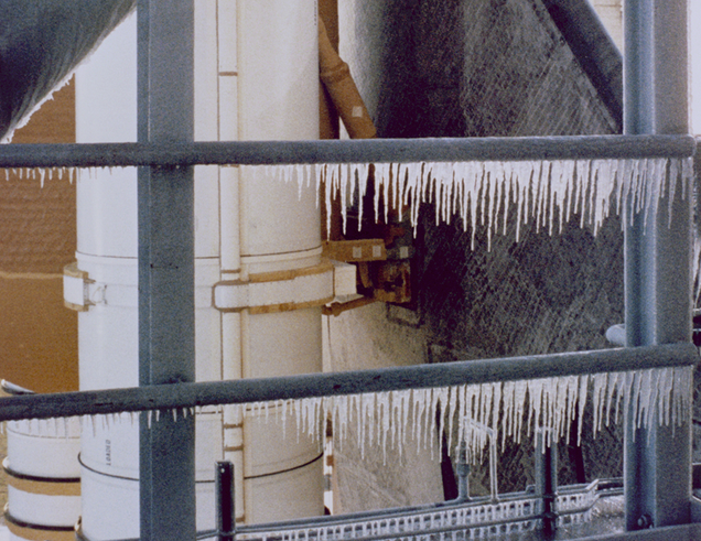 Sub-freezing temperatures the night before the launch left icicles hanging from the launch tower. Though NASA was concerned enough about freezing pipes to leave the water running overnight, concerns about the integrity of the O-rings were brushed aside. (NASA)